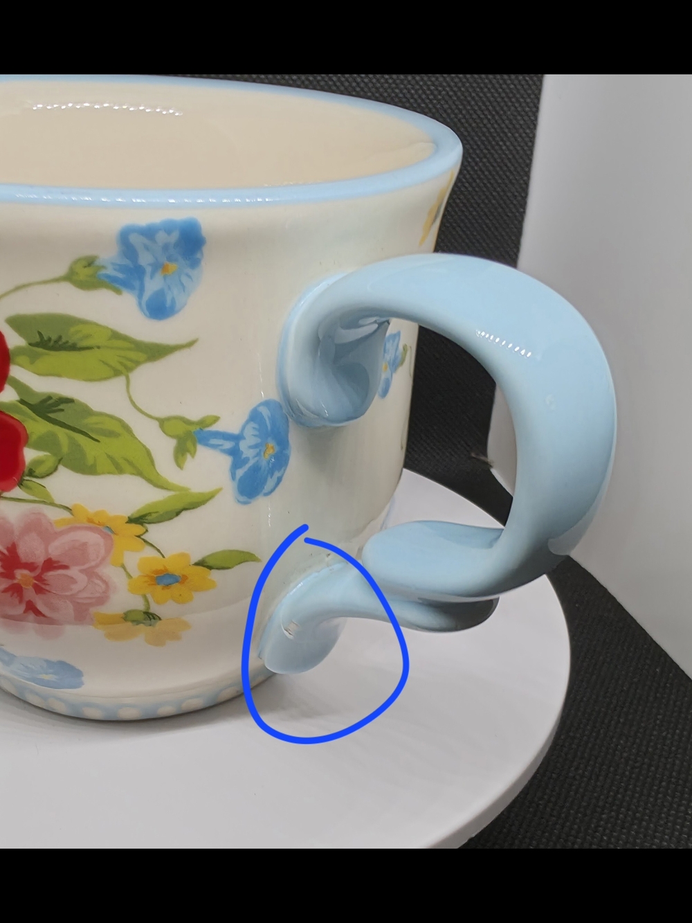 Ceramic Floral Teacup with Blue Handle - Cream/Red/Yellow - Picture 3 of 9